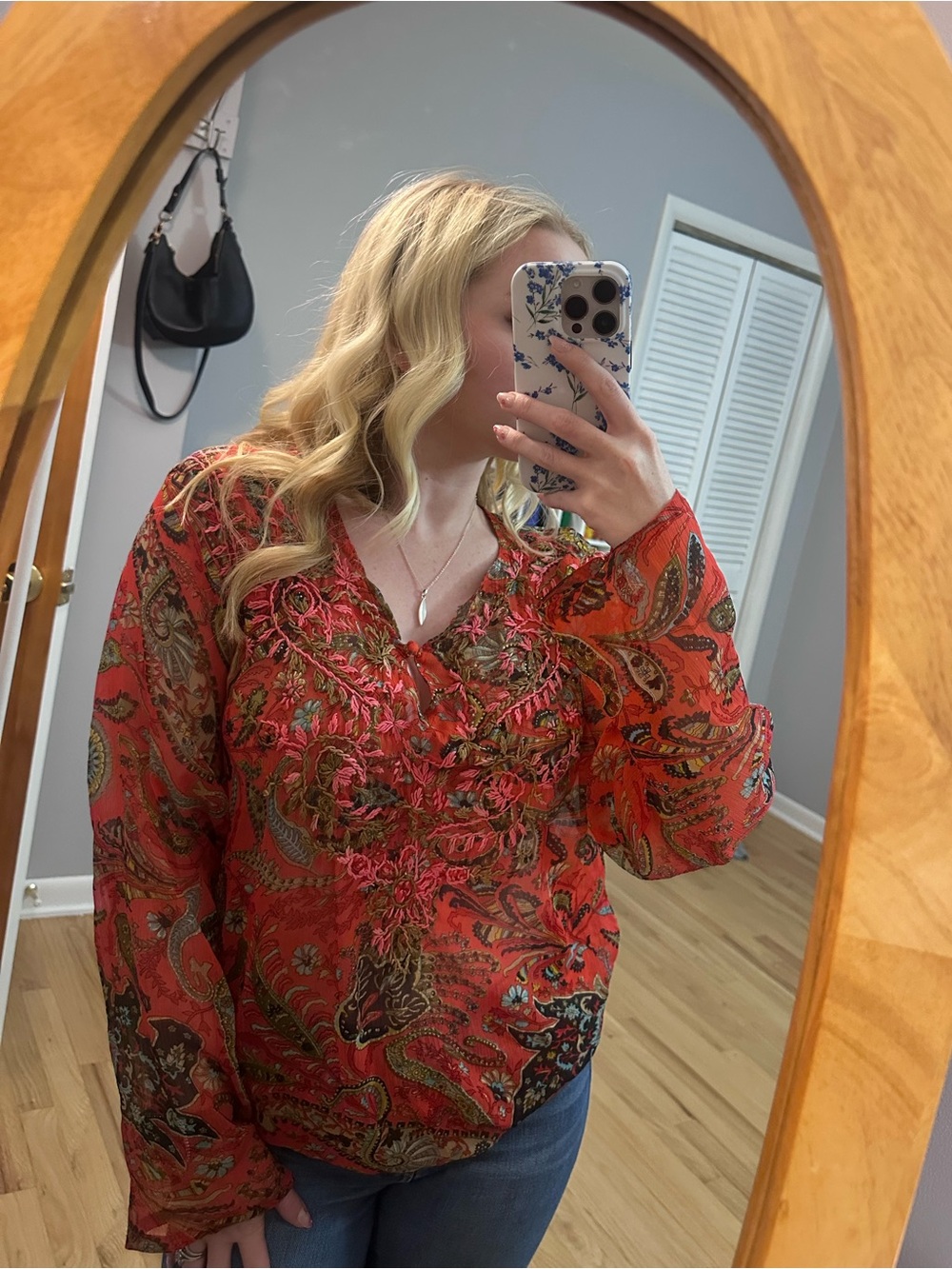 100% Silk Sheer Paisley Print Fairycore Peasant Blouse